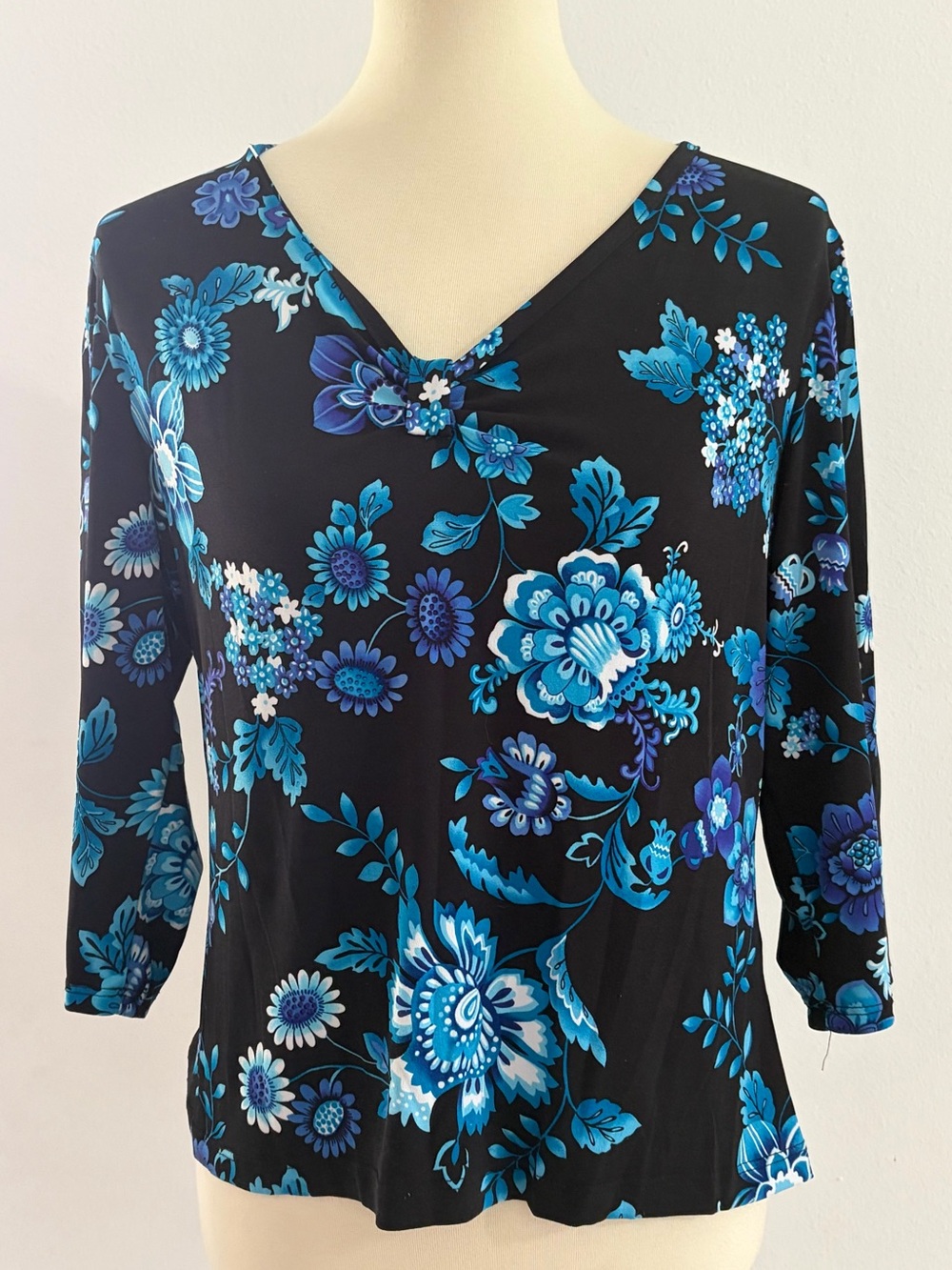 Notations Black V-Neck Long Sleeve Top with Blue Floral Design